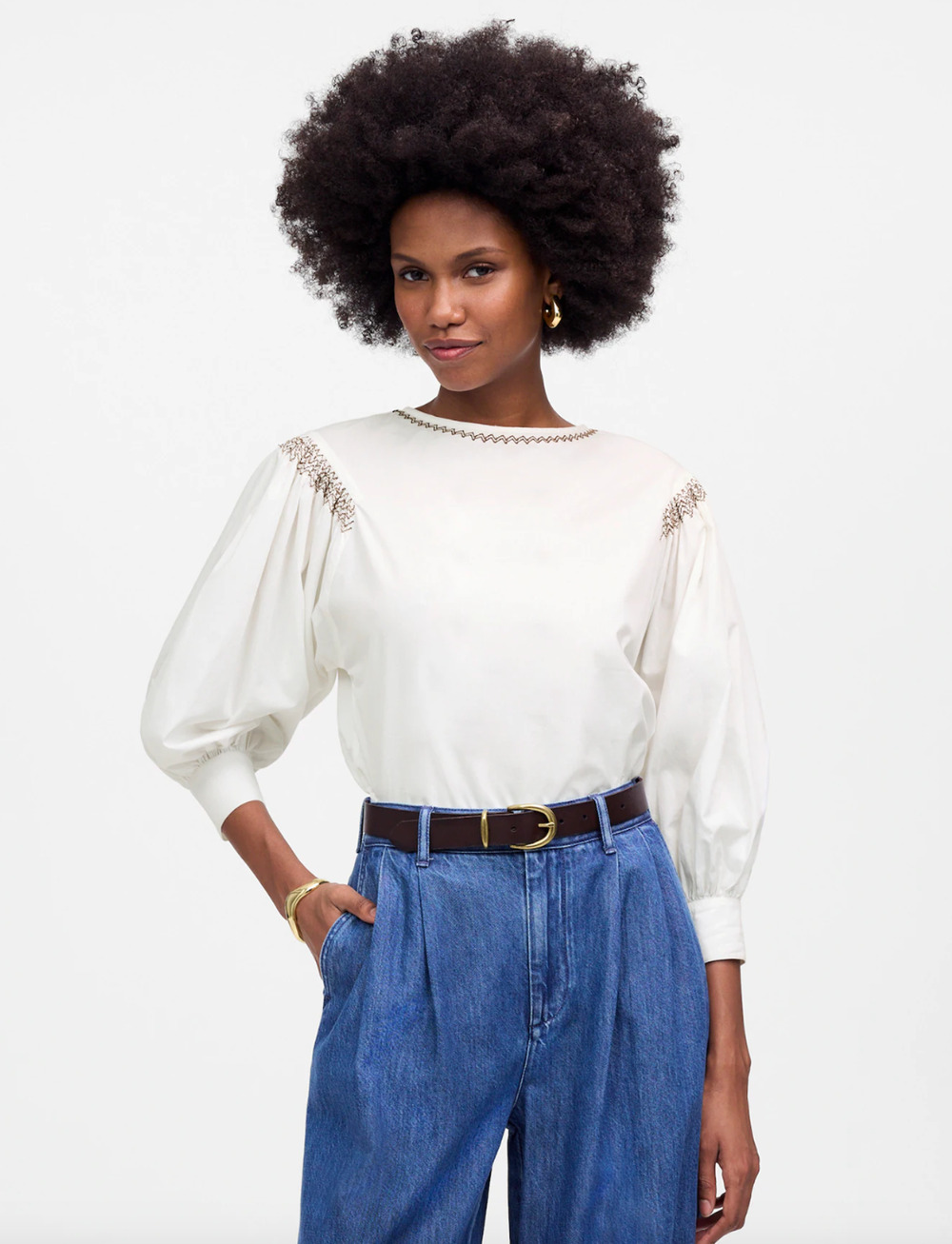 Madewell Embroidered Poplin Balloon Sleeve Top Blouse Cotton White XS NWT